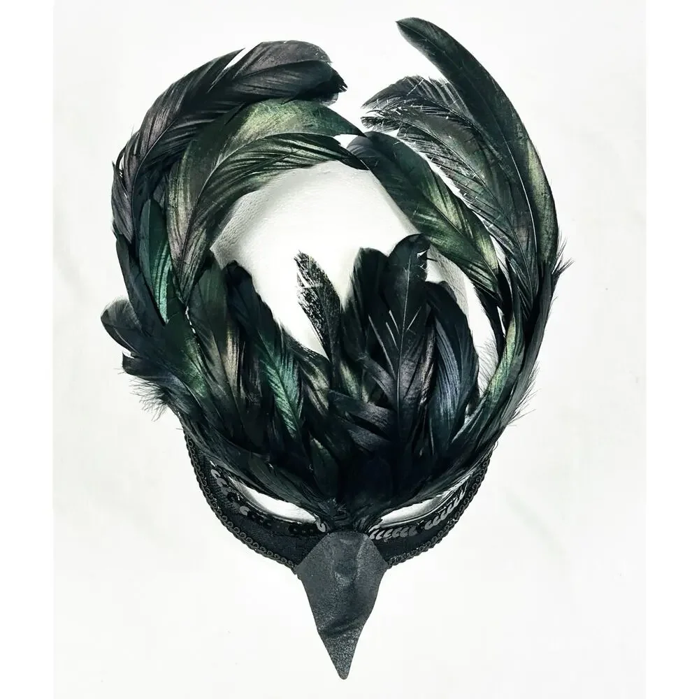 Half Mask Masquerade Black w/ Green Sheen Feathers Sequins